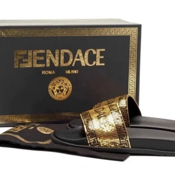 NEW Fendi X Versace Collab Gold Metal and Leather Slides - Picture 2 of 6
